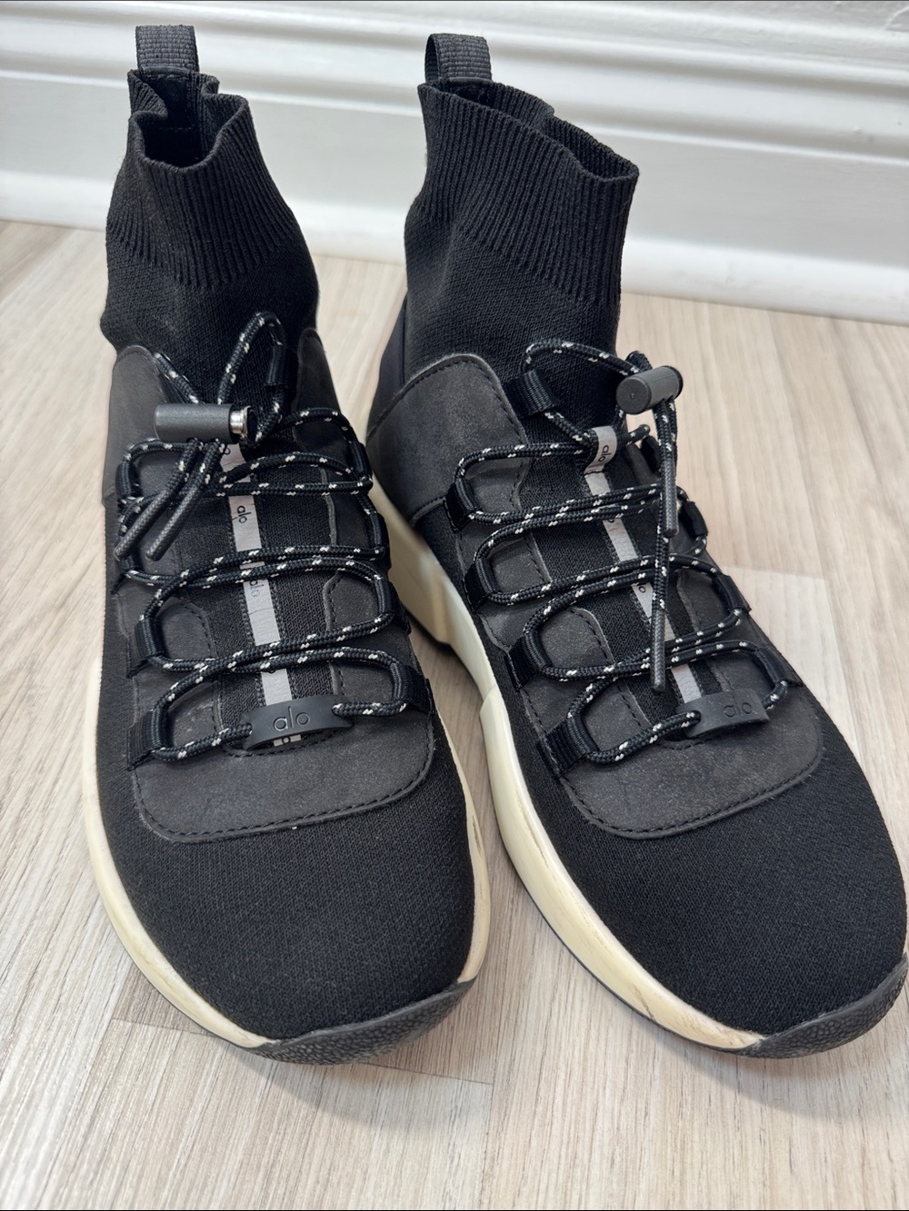 ALO Yoga Black Knit Sock Sneakers with Ivory Sole